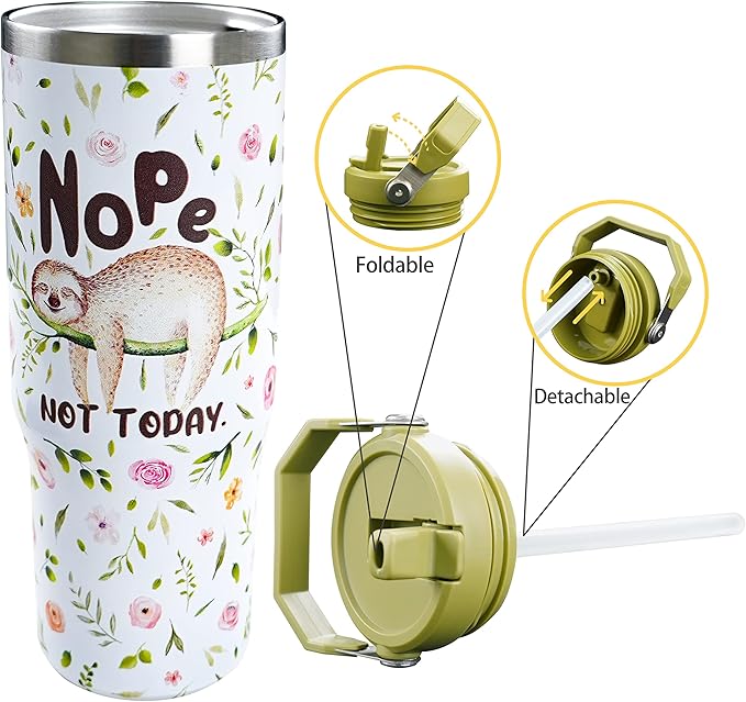 30oz Sloth Tumbler with Handle and Straw, Stainless Steel Vacuum Insulated Coffee Tumbler, Travel Mug Water Bottle, Sloth Stuff Accessories Decor, Sloth Gifts for Women & Men