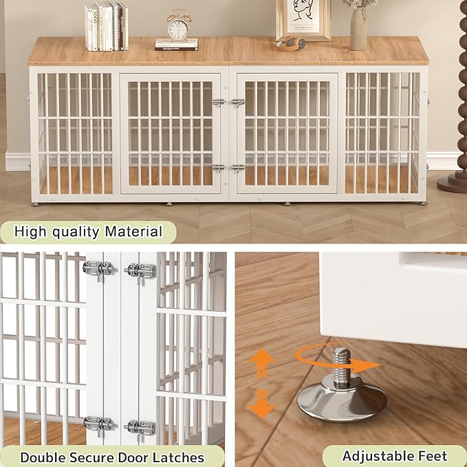 78 Inch Double Dog Crate Furniture, Heavy Duty Extra Large Cage Furniture with Divider for 2 Dogs, Decorative Wooden Kennel Indoor, Pet House for Large and Medium Dogs, White