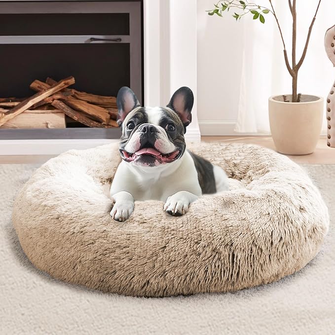 JOLLYVOGUE Calming Dog & Cat Bed for Small Dogs, Anti-Anxiety Donut Cuddler Cozy Soft Round Bed with Anti-Slip Bottom, Fluffy Faux Fur Plush Cushion Beds for Small Medium Dogs (27")