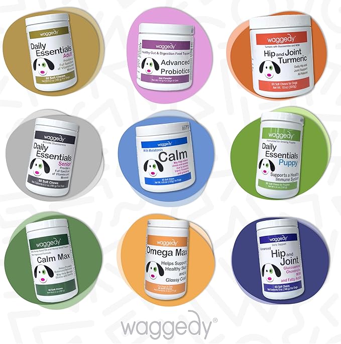 waggedy Calm with Melatonin - Calming Chews for Dogs to Manage Stress & Anxiety Relief — Pet Calming Treats for Travel, Fireworks & Separation — Dog Supplements & Vitamins (60 Chews)