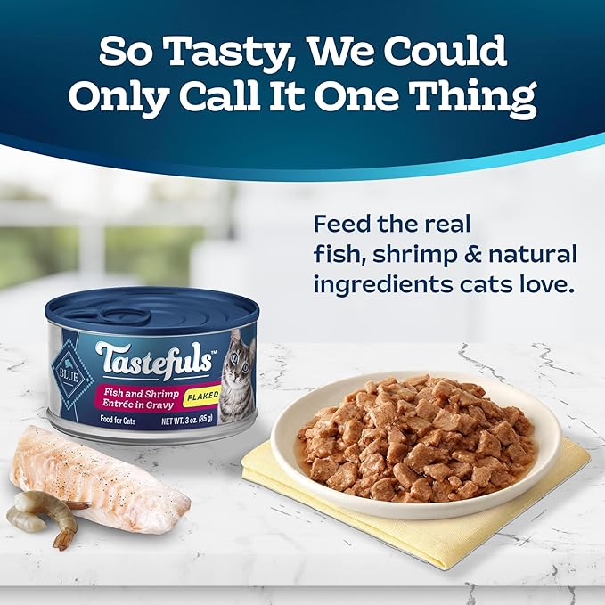 Blue Buffalo Tastefuls Flaked Wet Cat Food, Made with Natural Ingredients, Fish & Shrimp, 3-oz Cans (24 Count)