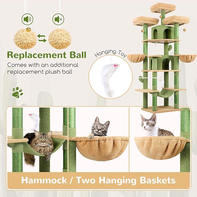 Globlazer Big Cactus Cat Tower for Indoor Cats, 80inch Cat Tower for Multiple Adult Cats XXL Cat Tree with Scratching Post, Hammock, 3 Perches, 2 Condos, 2 Hanging Basket, F80, Green
