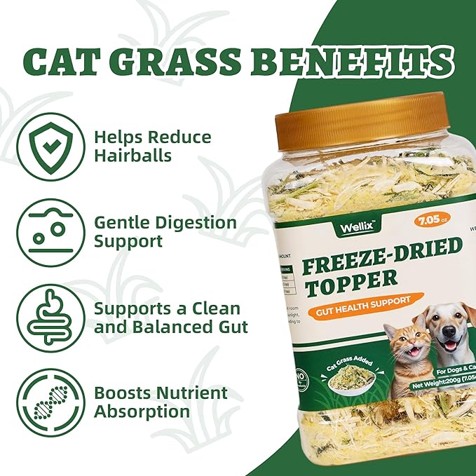 Wellix Dog&Cat Food Topper - Cat Grass Treats for Haiball Treament - Chicken Flavor Freeze Dried Cat Treats - Low Calorie Training Treats for Dogs&Cat 7.5oz