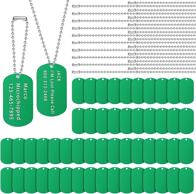 Yinkin 200 Pcs Personalized Military Dog Tags Set Including 100 Pcs Aluminum Blank Dog Tags for Engraving 100 Ball Steel Chain Rectangle Metal Blank Stamping Label for DIY Craft(Green)