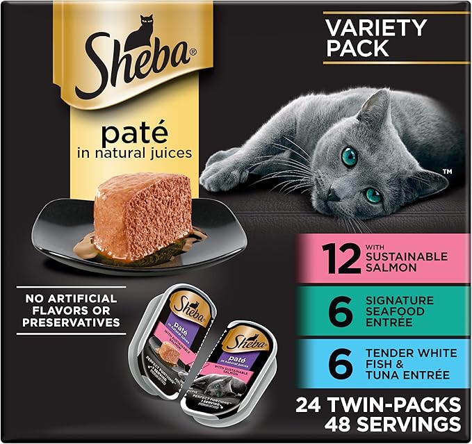 Sheba Perfect Portions Wet Cat Food Pate with Sustainable Salmon, Signature Seafood Entree, and Tender White Fish and Tuna Entree Variety Pack, 2.6 oz. Twin Pack Trays (24 Count, 48 Servings)