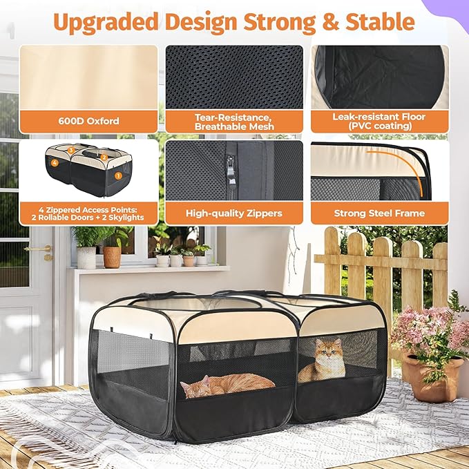 2-in-1 Dog Playpen 58''Pop Up Cat Pet Playpen, Assembly-Free Indoor Outdoor Kitten Enclosure, Kitten Pen Cat Cage Portable Puppy Tent Crates Kennel for Small Animals(No Divider, Unified Space)