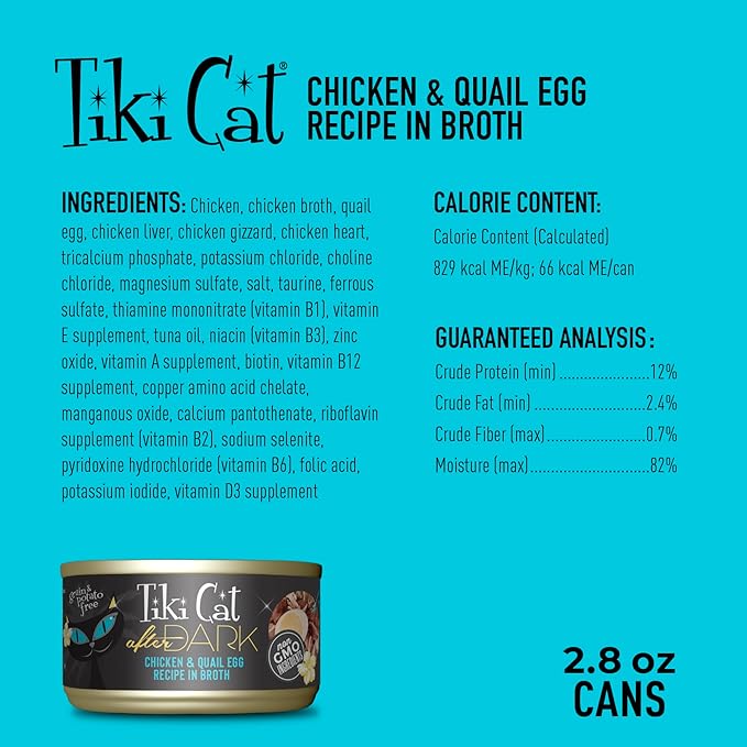 Tiki Cat After Dark, Chicken & Quail Egg, High-Protein and 100% Non-GMO Ingredients, Wet Cat Food for Adult Cats, 2.8 oz. Can (12 Count)