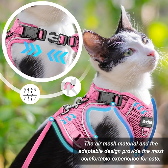 Cat Harness and Leash for Walking, The Upgrade Can be Adjusted in Four Directions and Breathable Cat Harness for Anti Escape That can be Fitted and Positioned, Reflective Strips Harness, Pink, XS
