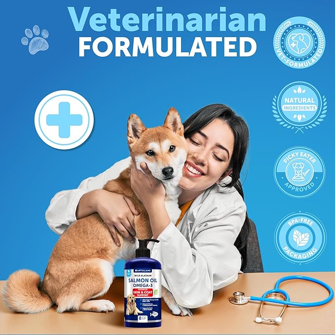 Salmon Oil for Dogs - Omega 3 for Dogs - 8 FL OZ Wild Alaskan Salmon Fish Oil - Natural EPA & DHA Fatty Acids for Skin & Coat, Allergy, Joint & Bone Health - Liquid Support Supplement for Shedding