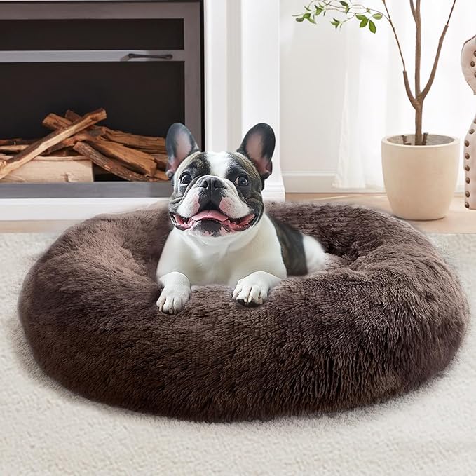 JOLLYVOGUE Small Dog & Cat Beds for Indoor Cats, Donut Cuddler Warming Soft Dog Beds with Anti-Slip Bottom, Round Calming Fluffy Plush Faux Fur Cushion Bed for Large Dogs (36")