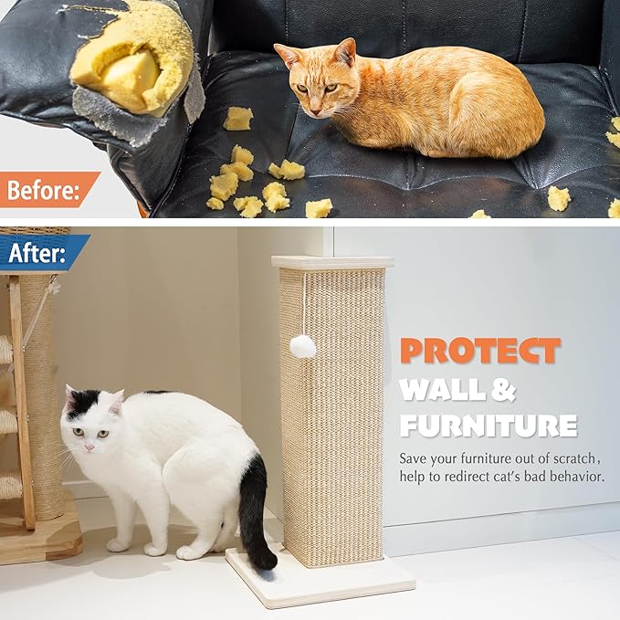 PETKARAY Couch Corner Cat Scratcher, 22'' Corner Scratching Post Cat Wall Scratcher, Sisal Scratch Pad for Sofa, Wall Furniture Protector with Toy Ball