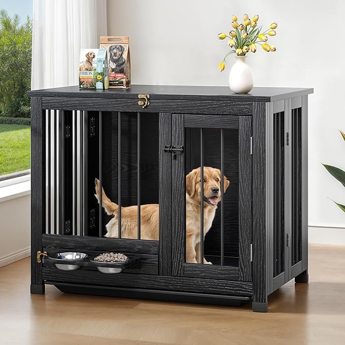 Dog Crate - 31.5" Wooden Dog Cage with Removable Tray & 360° Rotating Feeder | Decorative Dog Kennel Furniture Indoor | Multi-Functional End Table for Medium & Small Dogs | Black Portable Pet Crate