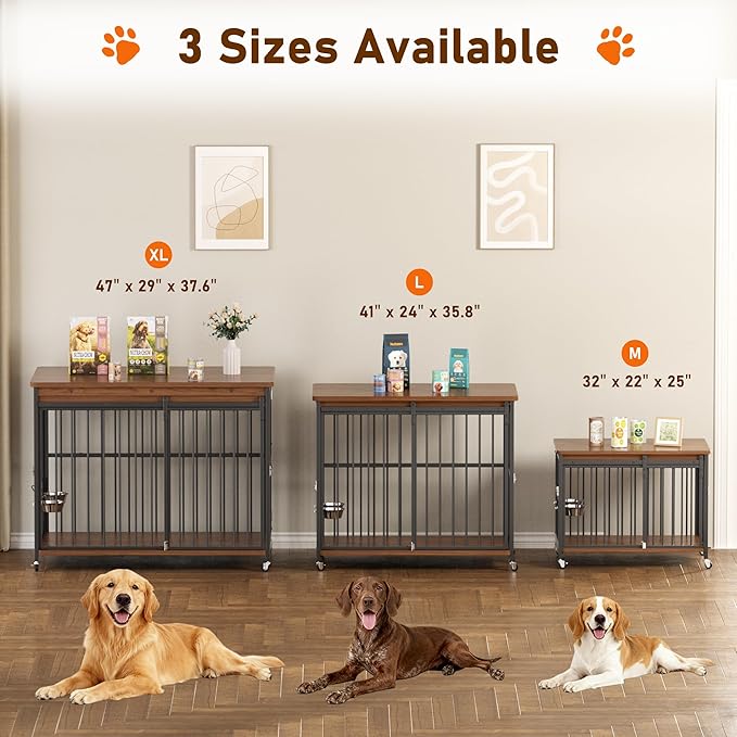 Dog Crate Furniture, 41’’ Wooden Dog Kennel Indoor with Sliding Front Door, Multi-Side Openings & Feeding Window Pet Cage House as TV Stand, End Table