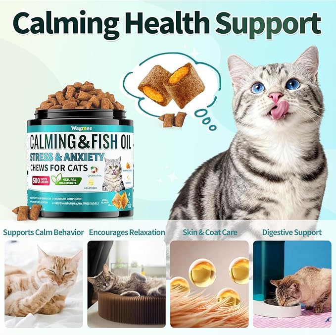 Wagmee Cat Calming Treats - 500 Crunchy & Creamy Cat Chews with Melatonin, Chamomile for Cat Stress and Anxiety Relief - Travel, Vet Visits, Storms and Separation Anxiety, Chicken and Krill Flavor