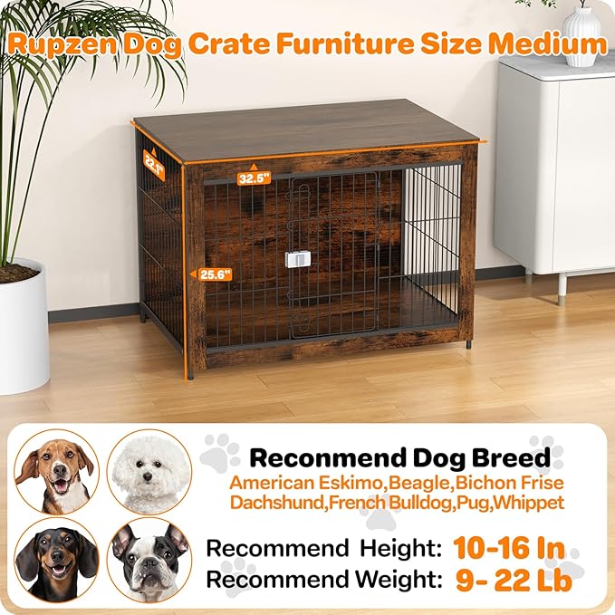 Dog Crate Furniture, Wooden Dog Crate 33in, Decorative Cage with End Table for Dog Indoor Kennel, High Anxiety Dog, Escape-Proof Locks for All Breeds