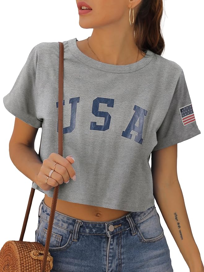 Womens Summer Crop Tops Short Sleeve Round Neck T-Shirts Loose Fit Casual Blouse