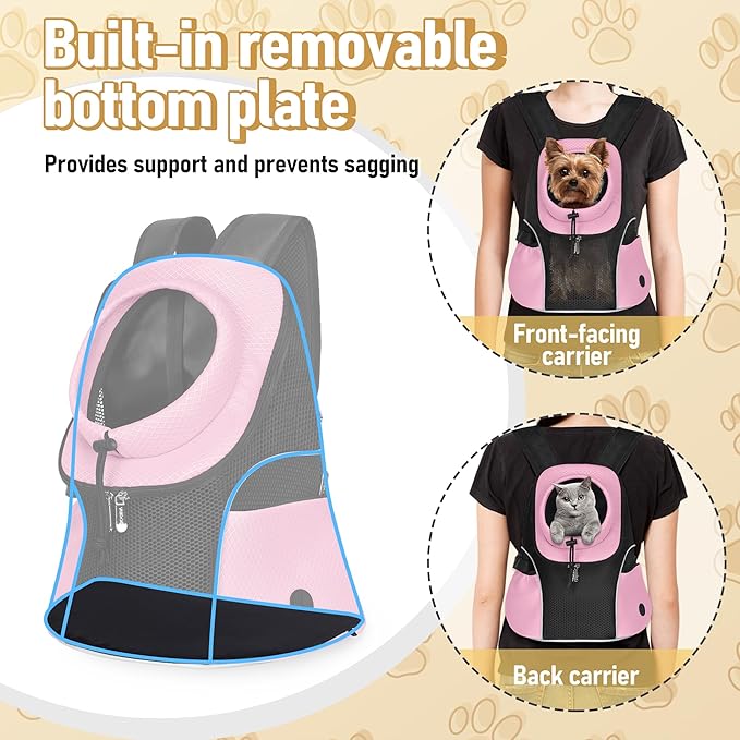WOYYHO Pet Dog Carrier Backpack Small Dog Front Backpack Ventilated Mesh Dog Travel Back Pack with Safety Belt for Travel Hiking Cycling Outdoor Adventures (Size L: 10-14 lbs, Pink)