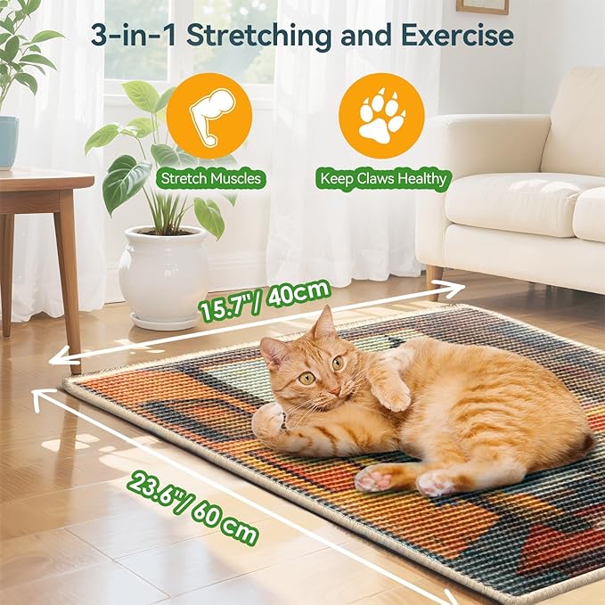 3-in-1 Sisal Cat Scratcher Mat 23.6x15.7 – Durable Scratch Rug for Floor & Wall with Sticker Tape, Protects Couch, Carpet & Furniture, Anti-Slip, Pet-Safe for Indoor/Outdoor Cats, Golden Afterglow