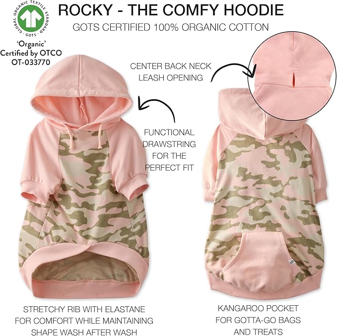 Rocky – The Orginal Lightweight Hooded TEE 100% Organic Cotton Dog Hoodie Pet Coat Sweater for Small, Medium, Large Dogs, Pink Half Camo, X-Small