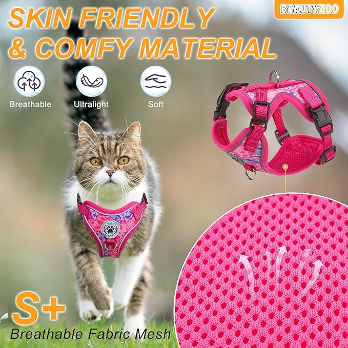 BEAUTYZOO Cat Harness and Leash Escape Proof for Walking[MAX Safety Upgrade]- Neck Release Adjustable Harness for Cats Puppy,Soft Comfortable Lightweight & Reflective Travel Kitten Harness for Outdoor