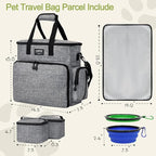 Dog Travel Bag,Weekend Pet Travel Bag Set for Dog and Cat,Airline Approved Tote Multi-Function Dog Bags for Traveling,Include 2 Collapsible Bowls,2 Food Storage Containers,1 Feeding Mat,Gray