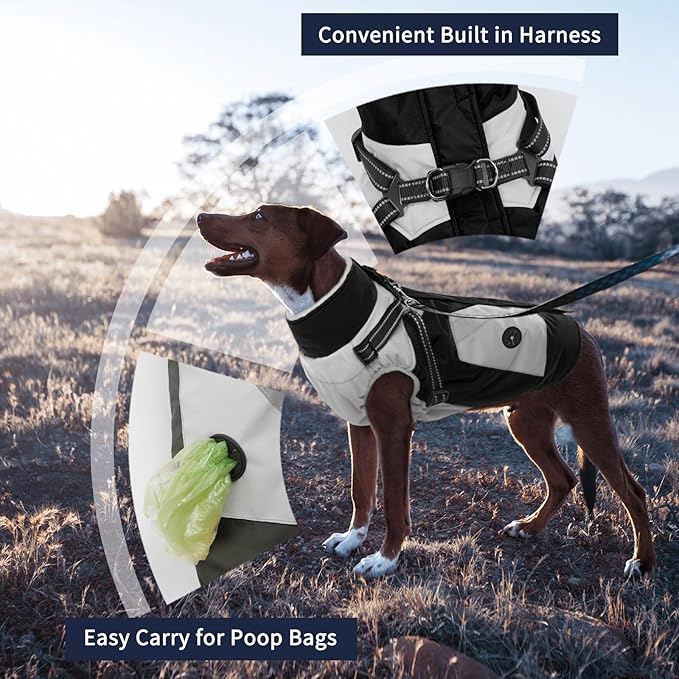 IECOii Dog Coat for Large Dogs Waterproof Dog Winter Jacket with Harness Built in, Black - XXLarge, Thermal Warm Fleece Lined, Reflective Dogs Jackets for Cold Weather Camping, Hiking, Pitbull