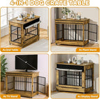 46" Large Dog Crate Furniture, Double Door Wooden Indoor Dog Kennel Furniture, Decorative Pet Cage End Table with Wheels for Extra Large Breed Dogs, Size 2XL, Rustic Brown