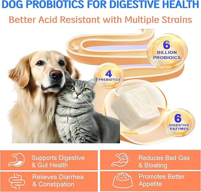Freeze Dried Probiotics for Dogs - Chicken Flavor - 120 Chews - 6 Billion CFUs, 12 Strains + Prebiotics, Enzymes & Omega 3 for Gut Health, Digestive Health, and Skin & Coat Health