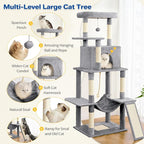Cat Tree Tower 63in Multi-Level Cat Tower for Indoor Cats with Sisal Scratching Posts, Condo, Hammock, Dangling Ball and Extended Platform for Cats to Play, Light Grey