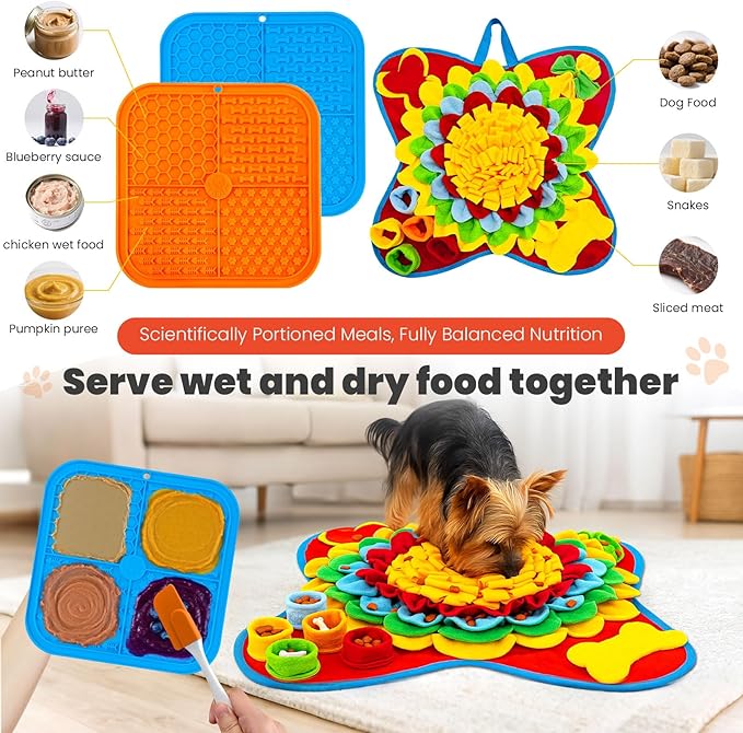 Petcare Dog Snuffle Mat and Lick Mat Set, Interactive Enrichment Dog Puzzle Toy for Puppy Small Medium Dogs Cats Rabbits, Cognitive Sniff Foraging Mats Mental Stimulation Treat Game Slow Feeder Mats