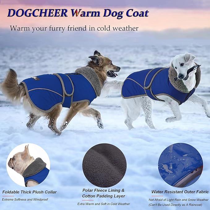 Dogcheer Dog Coat, Christmas Dog Jacket Waterproof Puppy Winter Coat for Cold Weather, Reflective Adjustable Pet Snow Jacket Warm Turtleneck Fleece Sweater for Small Medium Large Dogs - Blue, 3XL