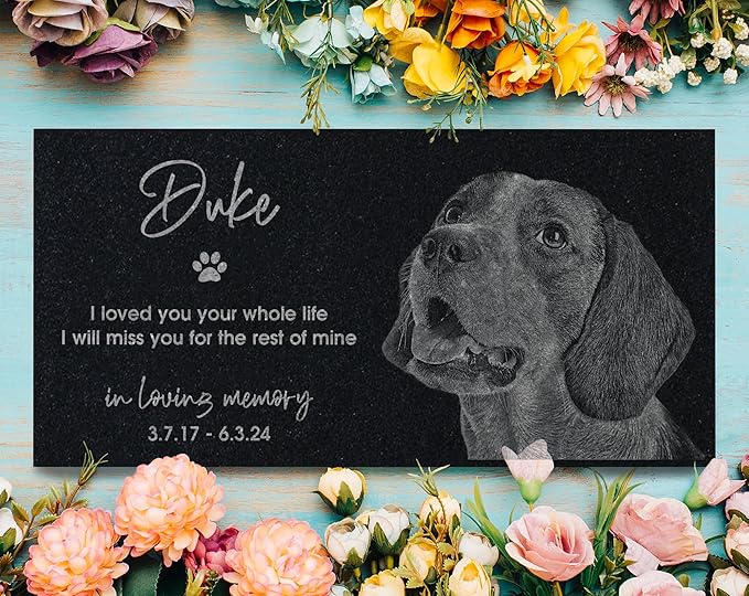 In Loving Memory Pet Memorial Stone w/ Engraved Image: Dog, Cat, Puppy, Kitten Grave Marker for Backyard, Garden Tribute, Cemetery Tombstone, Graveside Ornament, Burial Marker