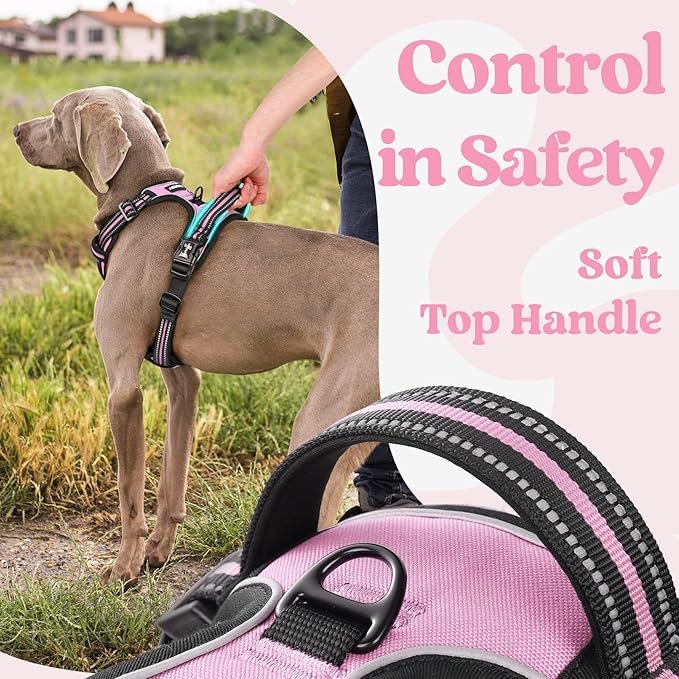 rabbitgoo Dog Harness for Large, No Pull Pet Harness with 3 Buckles, Adjustable Soft Padded Vest with Control Handle, Walking Reflective Pet Vest for Extra Large Dogs, Pink, XL