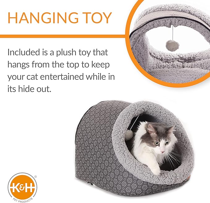 K&H Pet Products Thermo-Pet Cave Heated Cat Bed - Gray/Geo Flower 17 X 15 X 13 Inches
