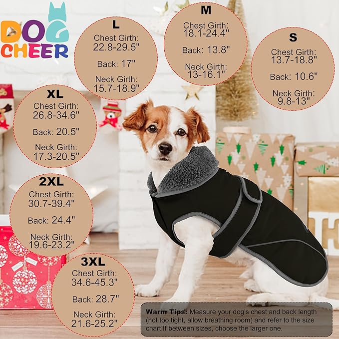 Dogcheer Dog Coat, Christmas Dog Jacket Waterproof Puppy Winter Coat for Cold Weather, Reflective Adjustable Pet Snow Jacket Warm Turtleneck Fleece Sweater for Small Medium Large Dogs - Black, S