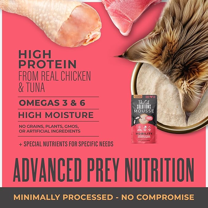 Tiki Cat Solutions Mobility Mousse, Chicken & Tuna Recipe in Broth, Formulated to Support Healthy Joints, Functional Wet Cat Food, 2.4 oz. Pouch (12 Count)