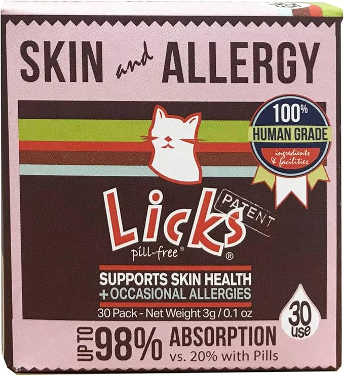 Licks Pill-Free Cat Skin & Allergy - Omega 3 Allergy Relief - Cat Vitamins & Supplements for Itchy Skin - Turmeric Supplement - Gel Packets - 30 Use