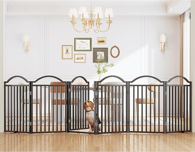 UDD Metal Folding Dog Gate Indoor 144" Extra Wide, 32" Tall Foldable Pet Gate with Door for Stairs Doorways Hallways Porch, Freestanding No Drilling Pet Fence for Dogs Puppy, Black 6-Panel
