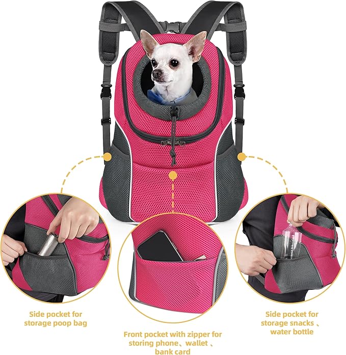 WOYYHO Pet Dog Carrier Backpack Small Dog Front Backpack Ventilated Dog Carrier Back Pack with Storage Pockets, Adjustable Straps & Safety Belt for Travel Hiking Outdoor (Size M: 5-9 lbs, Rose)