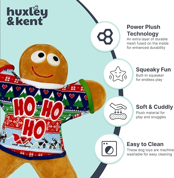 Huxley & Kent Funny Dog Toy w/Squeaker – Holiday Power Plush Squeaky Dog Toys for Small, Medium & Large Dogs – Soft Stuffed Animal for Indoor Play & Fetch - Ugly Sweater G-Man, Small