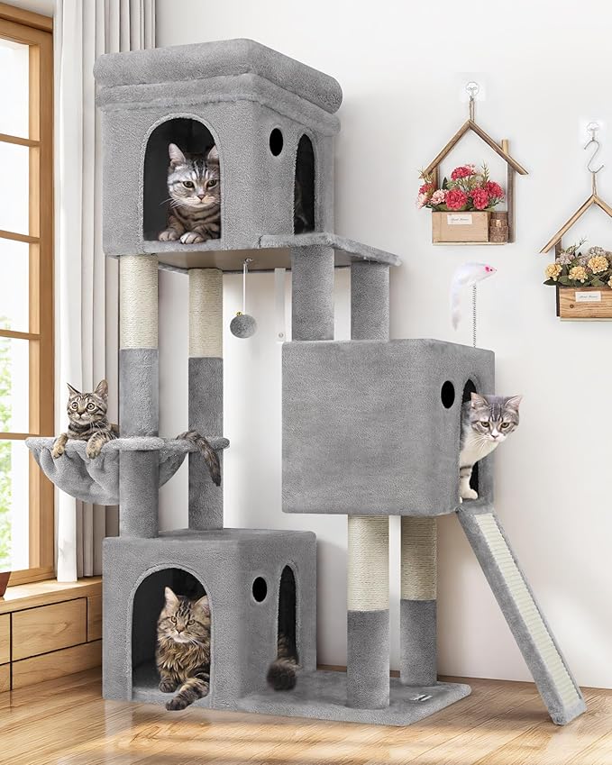 Globlazer Cat Tower for Indoor Cats, 52in Multi-Level Heavy Duty Cat Tower with 4 Scratching Posts, Ladder, Sturdy Cat Tree with 3 Cat Condos for Adult Cats Kittens, Hanging Basket, F52B, Light Grey