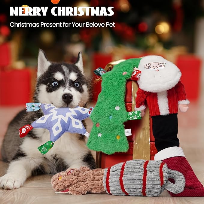 Nocciola 4 Pack Christmas Dog Toys, Interactive Crinkle Dog Squeaky Toys, Plush Dog Toys for Christmas, Christmas Toys for Puppy Small Medium Large Dogs & Aggressive Chewers