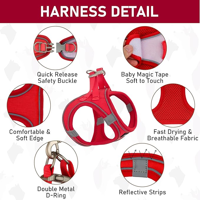 GAMUDA Small Pet Harness Collar and Leash Set, Step in No Chock No Pull Linen Fabric Soft Mesh Dog Vest Harnesses Reflective for Dogs Puppy Cats Kitten Rabbit (Red, M)