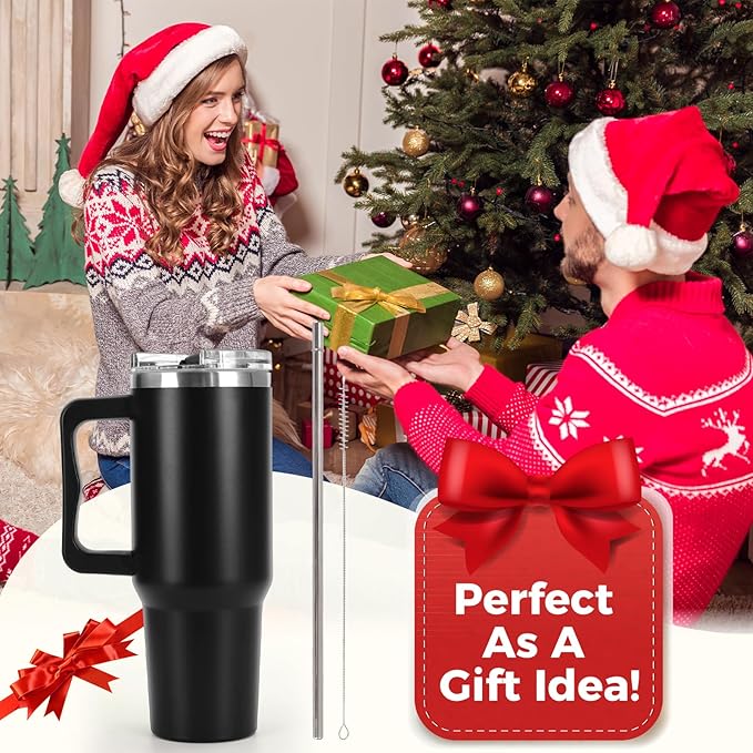 40 oz Tumbler with Handle and Straw Lid Insulated Cup Stainless Steel Water Bottle Travel Mug Gifts for Women Men Kids Trek Collection Black-1 Pc