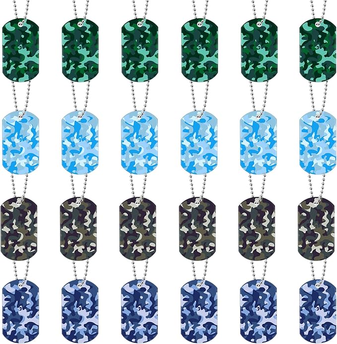 Saintrygo 48 Pcs Camouflage Dog Tags Military Acrylic Army Dog Tags Party Favors Camo Party Favors Include 24 Camo Necklaces with 24 Beaded Chains for Kids Men Women(Green, Blue, Khaki, Gray)