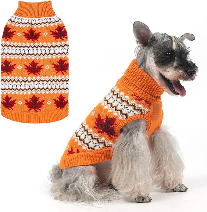 KOOLTAIL Cable Knit Dog Sweater Turtleneck, Cold Weather Pullover Classic Knitwear, Thick Warm Winter Pet Clothes, Fall Maple Leaves Thanksgiving Dog Sweater for Small Medium Large Dogs Cats, Orange M