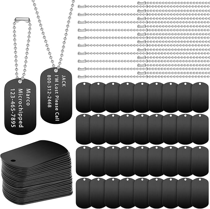 Yinkin 200 Pcs Personalized Military Dog Tags Set Including 100 Pcs Aluminum Blank Dog Tags for Engraving 100 Ball Steel Chain Rectangle Metal Blank Stamping Label for DIY Craft(Black)
