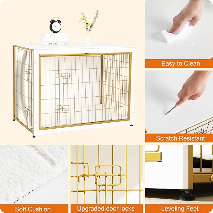 DWANTON Dog Crate Furniture with Cushion, Wooden Kennel Table with Double Doors, Indoor Dog House, Extra Large Size, 43.3" L, White+Gold
