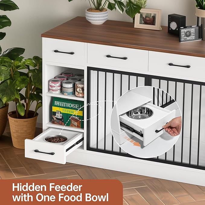 47.2" Large Dog Crate Furniture with 3 Storage Drawers & Hidden Bowl - Wooden Indoor Dog Kennel with Adjustable Shelf, 2 Doors for Small/Medium Dogs, Multi-Functional Pet Cage Furniture