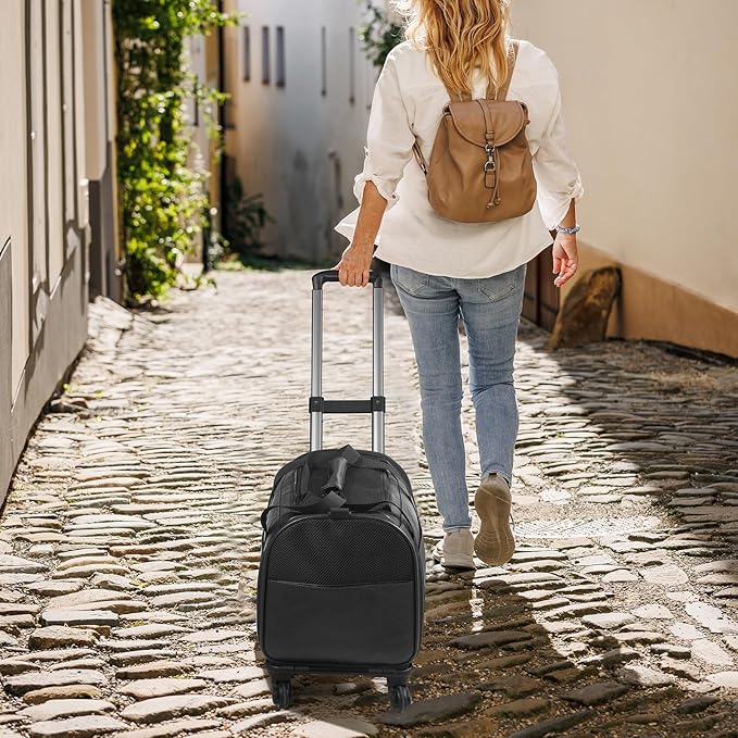 Leather Pet Carrier with Wheels, Airline Approved Travel Bag for Small Dogs & Cats Under 15 lbs, Rolling Pet Carrier for Airplane, Camping & Outdoor Black